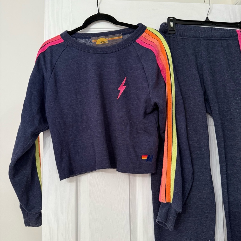 Aviator Nation Bolt Cropped Classic Crewneck & Stripe Sweatpants Set Navy - Picture 3 of 9